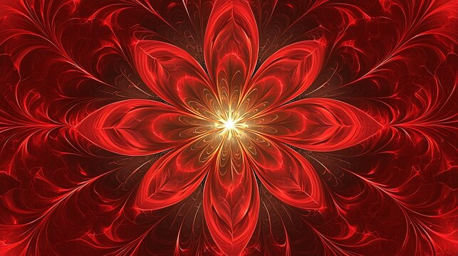 Vibrant red composition with ribbon curves and central glowing light softly diffused