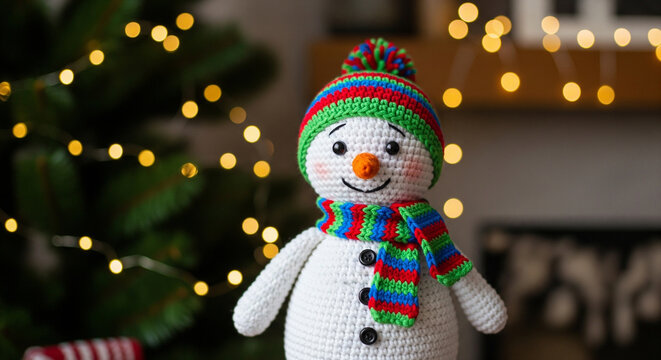 A cheerful crocheted snowman with a colorful hat and scarf stands in front of a blurred Christmas tree with lights.