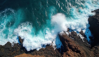 Turquoise ocean waves crash against rocky cliffs. White foam splashes high up against dark volcanic rocks. Clear blue water meets rugged coastline. Powerful sea action viewed from above.