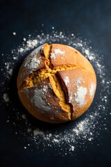 Artisan seeded sourdough loaf, beautifully cracked crust, dusted with flour, on a rustic wooden board. A top down studio shot of a rustic, artisan sourdough bread loaf with a deeply scored, crackled