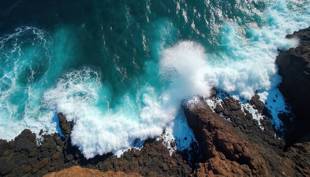 Turquoise ocean waves crash against rocky cliffs. White foam splashes high up against dark volcanic rocks. Clear blue water meets rugged coastline. Powerful sea action viewed from above. - Powered by Adobe