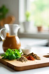 Rustic Kitchen Counter Vignette Ceramic jugs, wooden cutting boards, and fresh herbs create a warm, inviting scene. A rustic kitchen counter vignette. Feature a few earthenware jugs, a rustic wooden