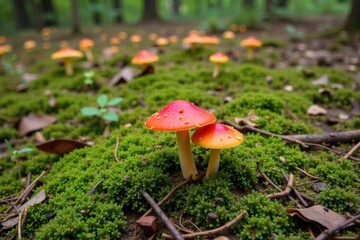 Serene Forest Clearing with Autumn Foliage and Fungi A serene forest clearing bathed in soft, dappled sunlight. Vibrant red, orange, and yellow autumn leaves carpet the ground. Several interesting and