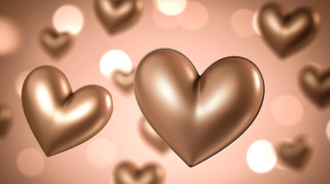 Elegant light pink atmosphere with warm glowing bokeh and floating heart details in background