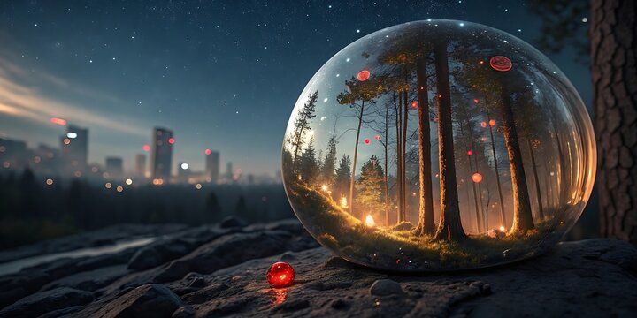 Mysterious giant reflective egg on a rocky surface reflecting a forest and city skyline under a starry night sky