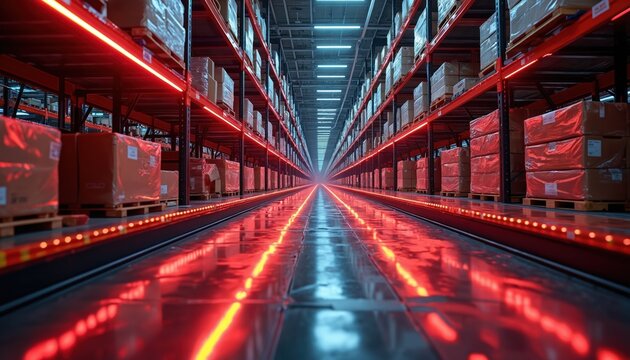 Automated warehouse scene showcases advanced tech. Illuminated conveyor belts move packages. Neon lighting creates a futuristic atmosphere. Distribution storage facility with goods ready for shipping.