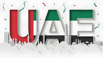 Stunning UAE flag design with famous landmarks and confetti perfect for celebrations