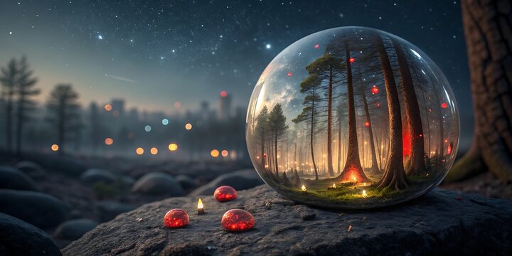 Mysterious reflective egg on rocky ground with glowing lights and starry night sky in a misty forest setting