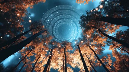 Binary code processing among the trees during a starry night, Binary code and circular data processing over night sky with trees - Powered by Adobe