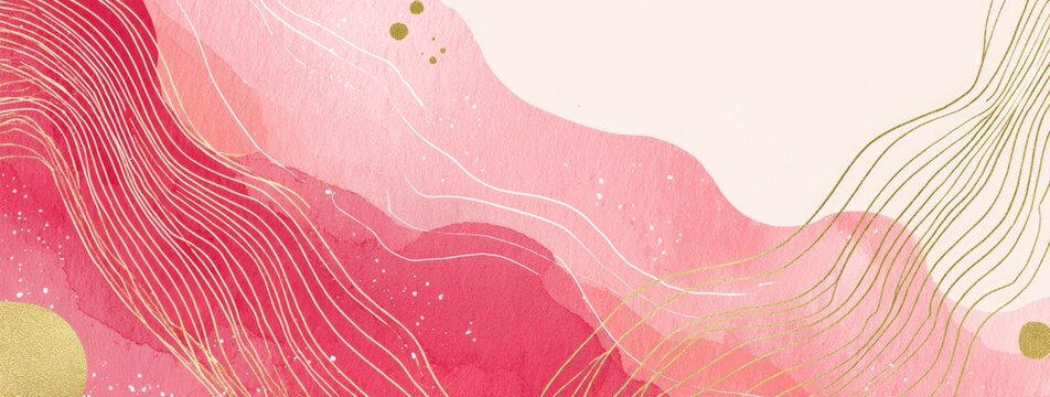 Watercolor abstract design with pink, red, and gold elements. Flowing lines and soft textures