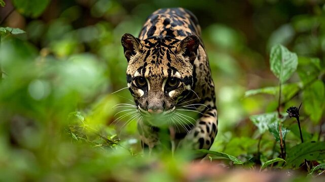 Clouded Leopard Stalking Through Lush Green Forest Undergrowth.