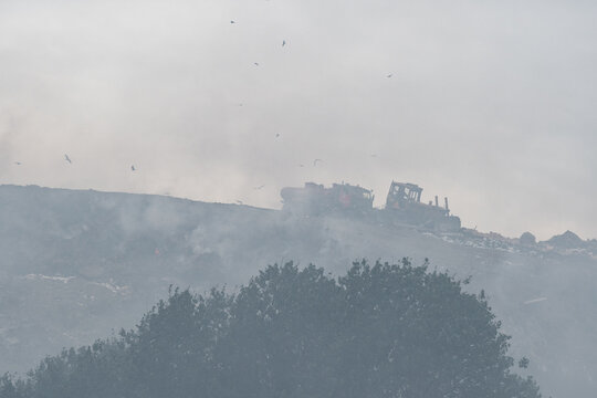 Fire at a household waste dump. Environmental pollution. Levoberezhny garbage dump. Poisonous substances of dioxins enter the air.  July 2021 Novosibirsk russia