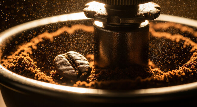 Intimate view of a coffee bean amidst a swirling cloud of rich, aromatic grounds inside a powerful grinder, symbolizing the fresh start of a perfect brew