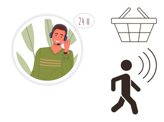 Man with headset providing 24H support, a shopping basket symbol, and walking figure with sound waves. Ideal for customer service, e-commerce, mobility, shopping, communication, technology support