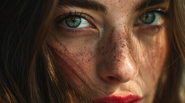 Close up portrait of a woman with green eyes freckles and red lipstick looking directly at the camera