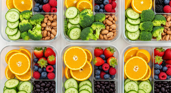 Healthy meal prep containers filled with fresh fruits, vegetables, and nuts for nutritious eating