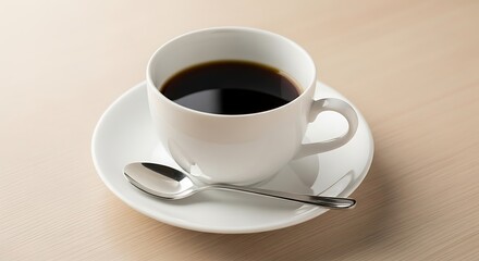 A white ceramic cup filled with dark black coffee sits on a matching saucer with a silver spoon resting on the side.