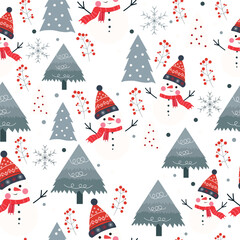 Christmas seamless pattern with cute snowman and christmas tree winter