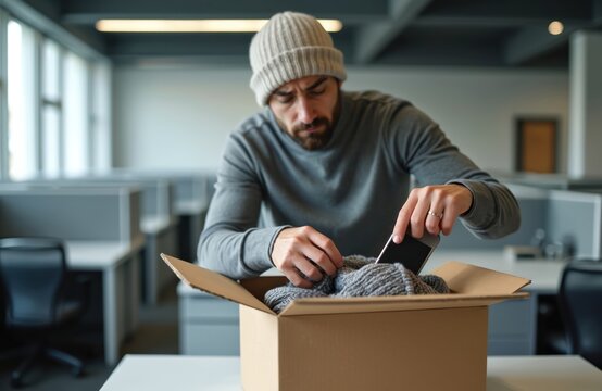 Man packing personal items into cardboard box in empty office space. Worker removing sweater, smartphone from carton box. Office cubicles in background empty. Layoff job loss implied. Sadness visible