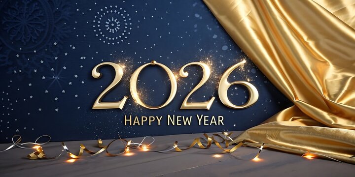 Elegant 2026 happy new year celebration with shimmering gold curtains and sparkling confetti on a deep blue background