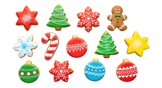 Collection of festive christmas cookies and ornaments isolated on transparent background