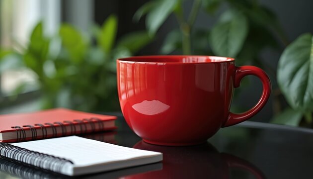 Close up view shows red mug on black desk with notebook and plant. Workspace with cup, notepad, and ficus in cozy environment. Modern office setup concept. Home office vibe. - Powered by Adobe