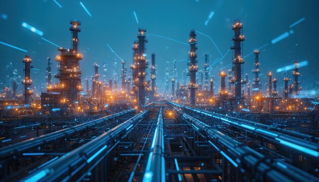 Futuristic illustration of an industrial complex lit with blue and orange lights. Pipes extend across foreground. Data streams move throughout. Advanced tech and digital design.