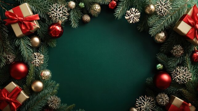 Festive christmas wreath with evergreen branches red baubles pinecones snowflakes and gift boxes with red bows