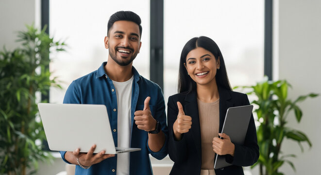 Diverse Business Professionals Smiling, Showing Thumbs Up
