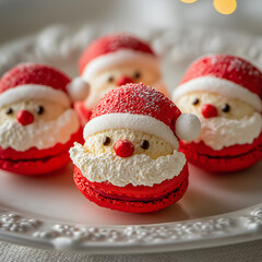 Adorable Santa Claus macaron desserts with red and white festive decoration