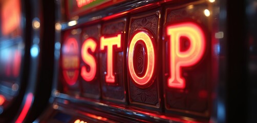 Vibrant red neon letters spell STOP on slot machine display. Image captures intense thrill, anticipation of gambling game in casino. Bright light creates exciting atmosphere for player fun, night