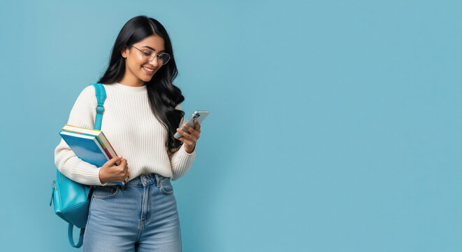 Happy Indian Student Using Smartphone with Books and Backpack