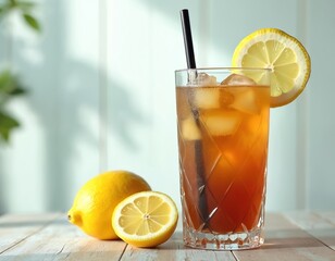 Tall glass with layered Long Island iced tea and ice cubes. Drink garnished with lemon slice and straw. Two whole lemons and half lemon are nearby. Light background.