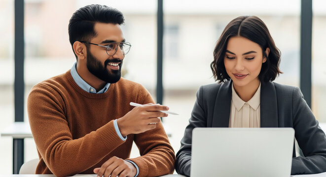 Diverse Business Professionals Collaborating on Project in Modern Office