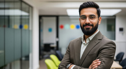 Fototapeta premium Young Businessman with Beard and Glasses Smiling in Modern Office