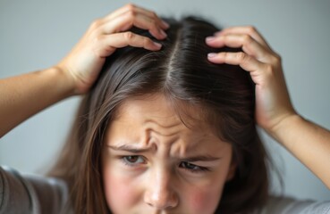 Fototapeta premium Young girl scratches itchy scalp, worries about hair loss and thinning hair. She feels discomfort and distress about her head and hair condition. Visible concern on her face.