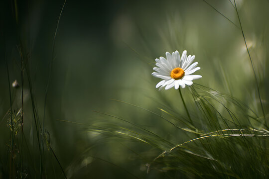 single daisy standing in tall grass under gentle sunlight creating clean minimalist nature photography - Powered by Adobe
