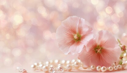 Delicate pink flowers and pearls against a soft, bokeh background. Elegant, romantic imagery