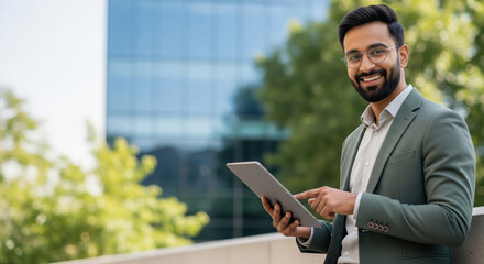 Smiling Professional Man Engaging with Digital Tablet Outdoors