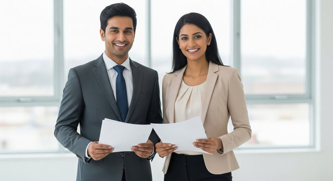 Smiling Indian business partners holding documents in modern office
