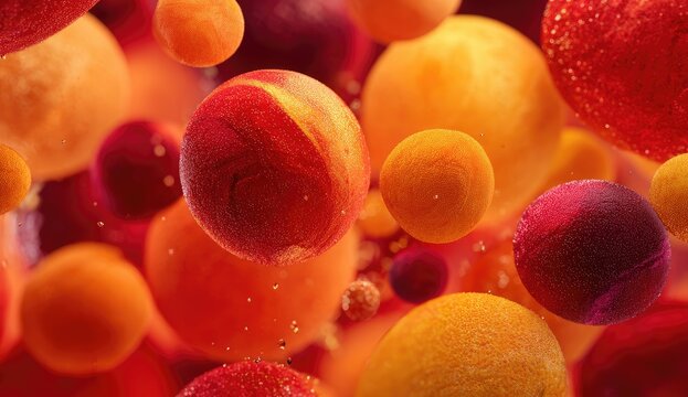 Floating, textured orbs in vibrant reds, oranges, and yellows. Glitter accents and soft focus