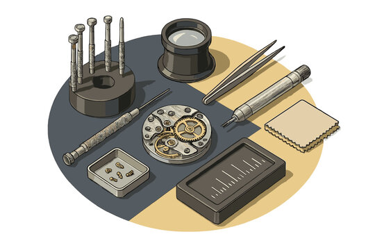 Precision watchmaker tools and disassembled mechanical clock movement parts