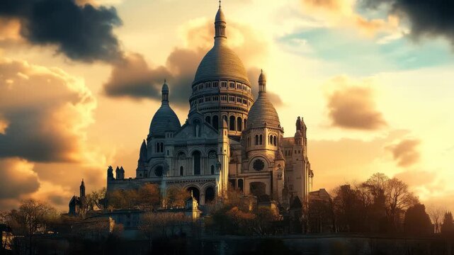 Ancient architectural marvel illuminated by sunset clouds in prominent location, Ancient architectural building against the sky in Paris