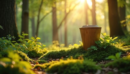 Wooden urn rests in green forest mossy ground. Sunlight streams through trees creating soft warm light. Nature setting for eco friendly burial or memorial.