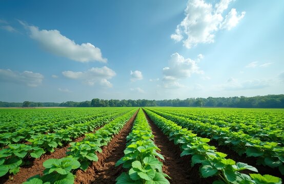 Vast green farm field shows neat rows of young green plants under bright blue sky with fluffy white clouds. Rich brown soil nurtures new crops. Rural landscape scene, sunny day. Agriculture, food
