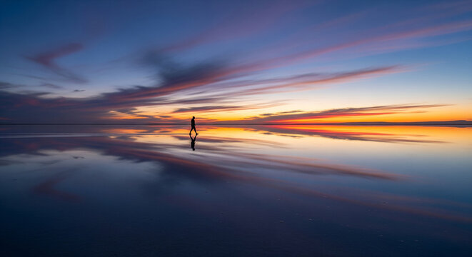 Person walking on a reflective surface at sunset with colorful clouds