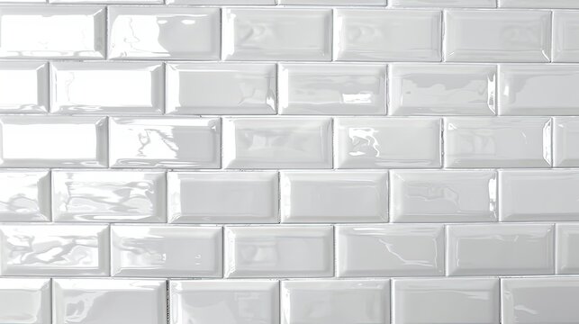 A collection of glossy white metro or subway brick tile textures, including classic, beveled, and 3D wave patterns. A clean background for kitchen, bathroom, and modern spa interiors.
