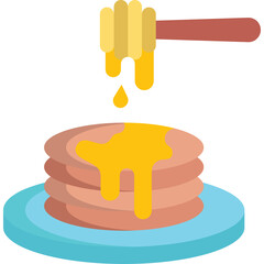 Stack Of Pancakes With Honey Dripping From A Dipper On A Blue Plate With A Transparent Background