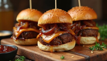 Three beef brisket sliders with melted cheese and caramelized onions sit on a wooden board. A small bowl of sauce and green herbs are nearby. These mini burgers look delicious and ready to eat.