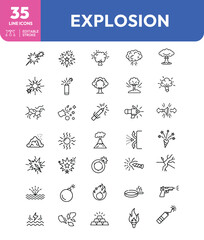 Collection of Explosive and Destructive Line Icons Depicting Various Forms of Energy Release